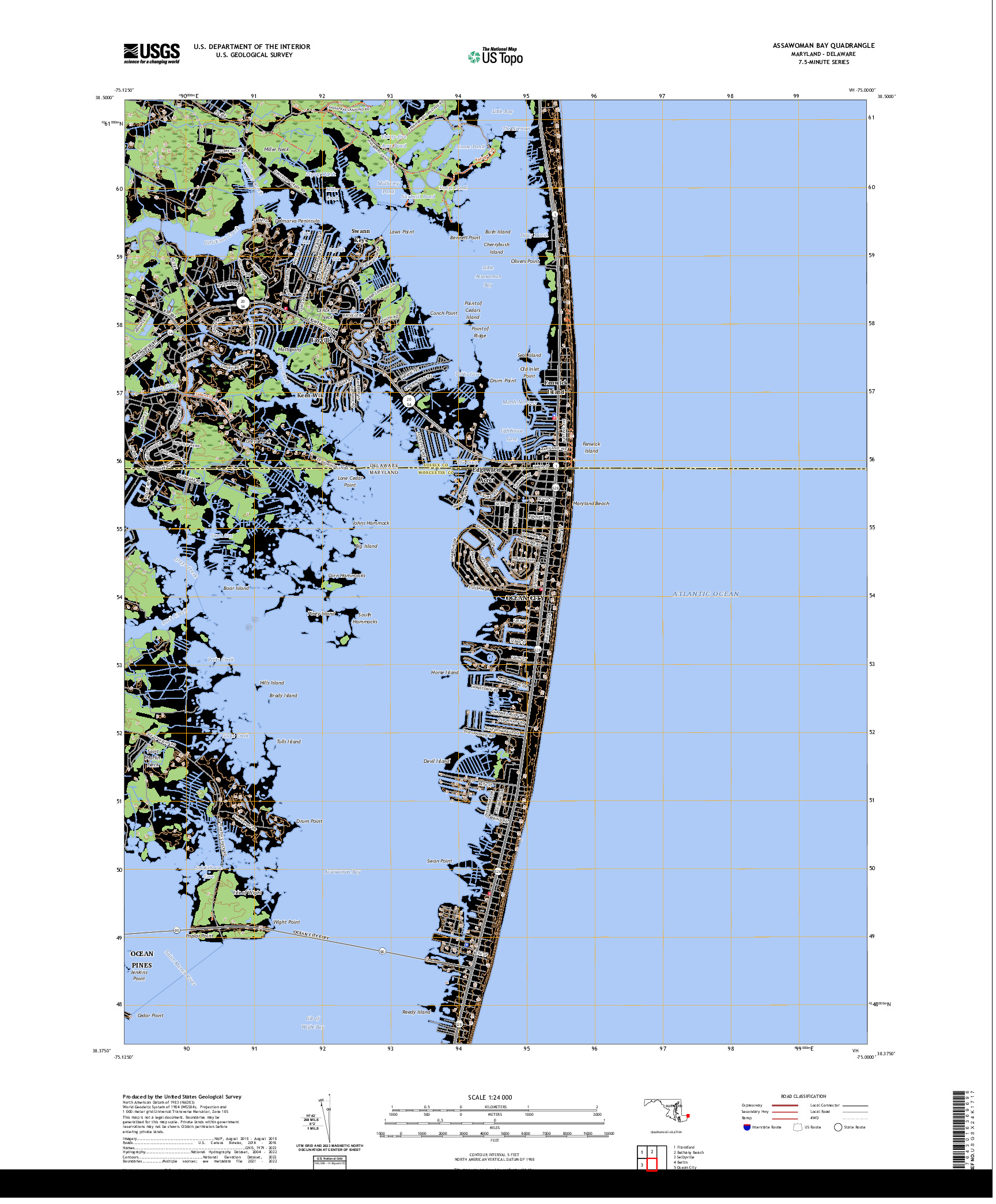 US TOPO 7.5-MINUTE MAP FOR ASSAWOMAN BAY, MD,DE