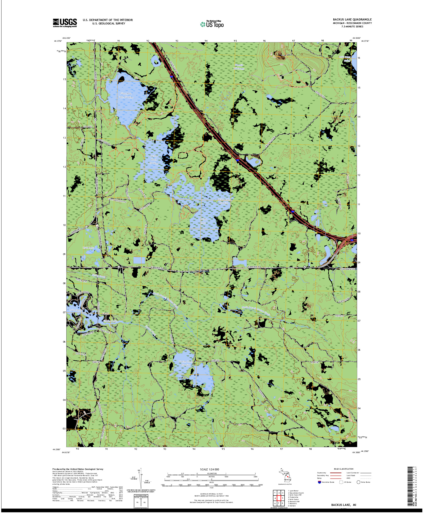 US TOPO 7.5-MINUTE MAP FOR BACKUS LAKE, MI