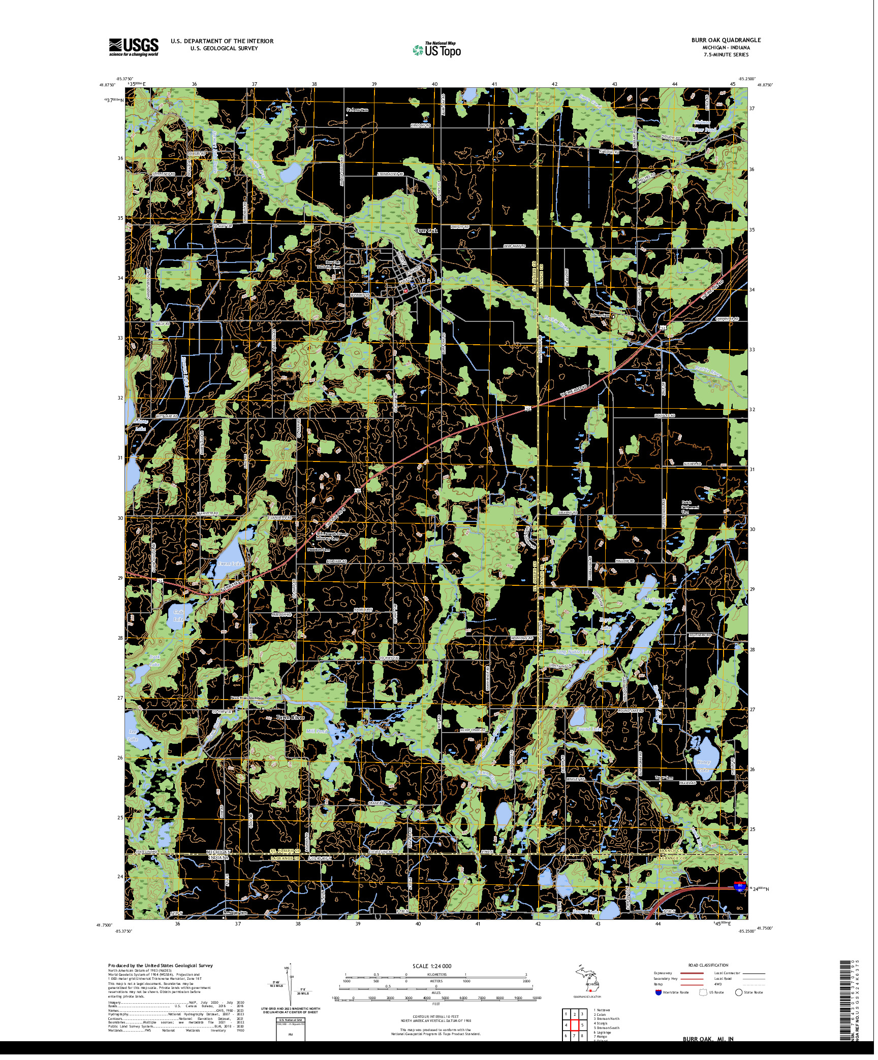 US TOPO 7.5-MINUTE MAP FOR BURR OAK, MI,IN