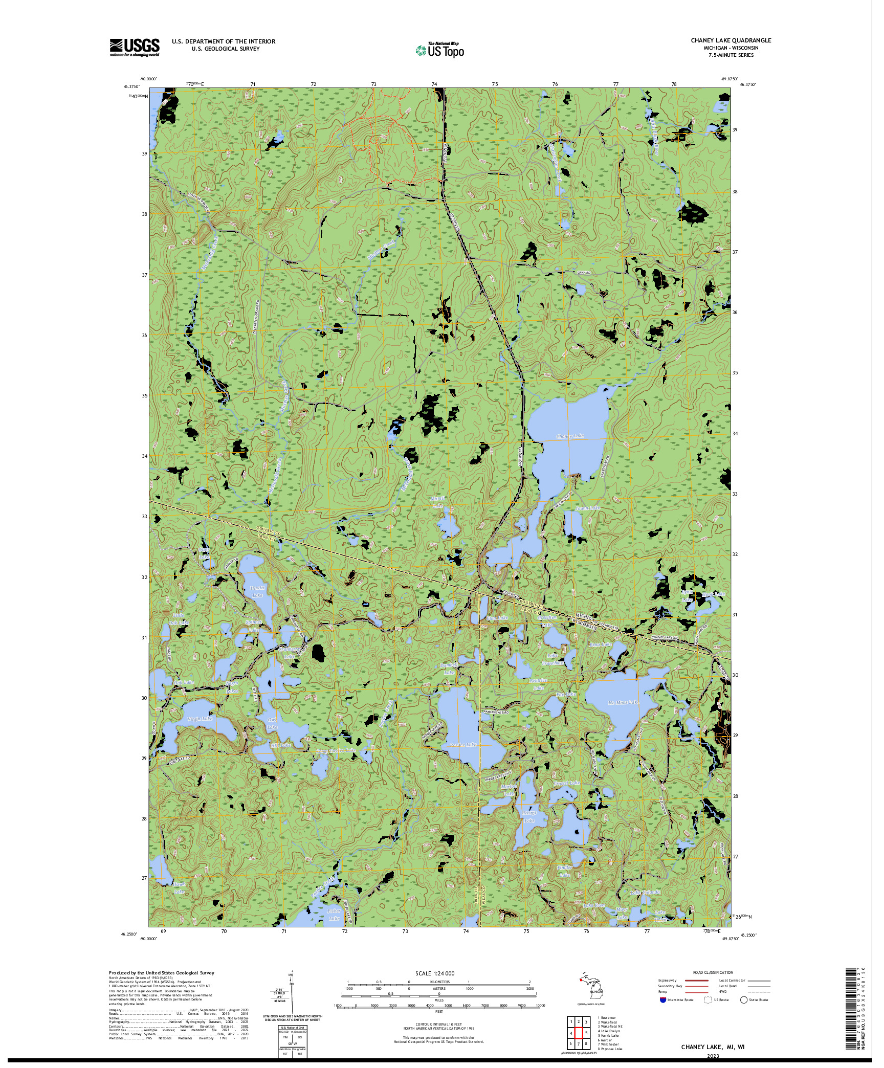 US TOPO 7.5-MINUTE MAP FOR CHANEY LAKE, MI,WI