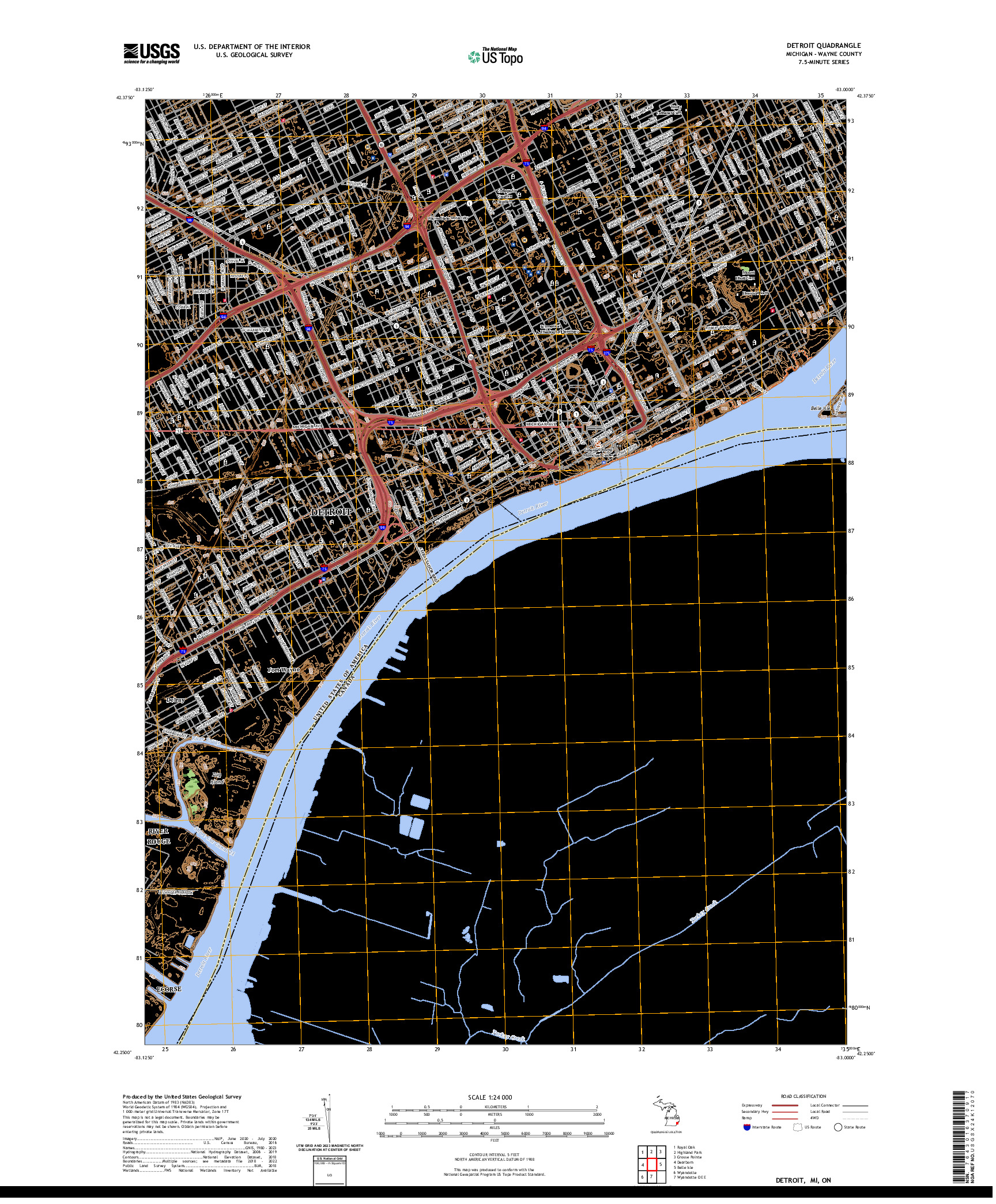 US TOPO 7.5-MINUTE MAP FOR DETROIT, MI,ON