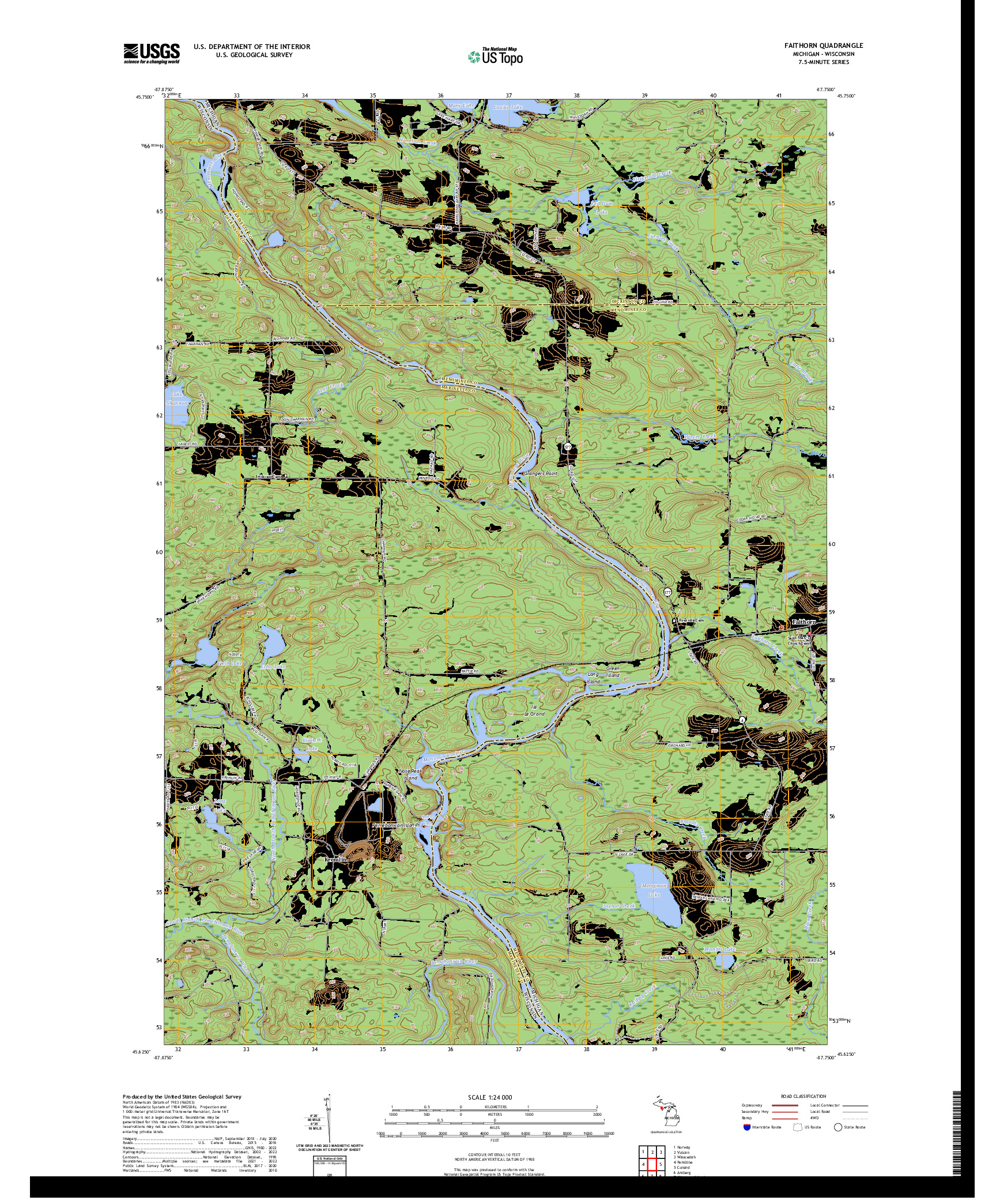 US TOPO 7.5-MINUTE MAP FOR FAITHORN, MI,WI