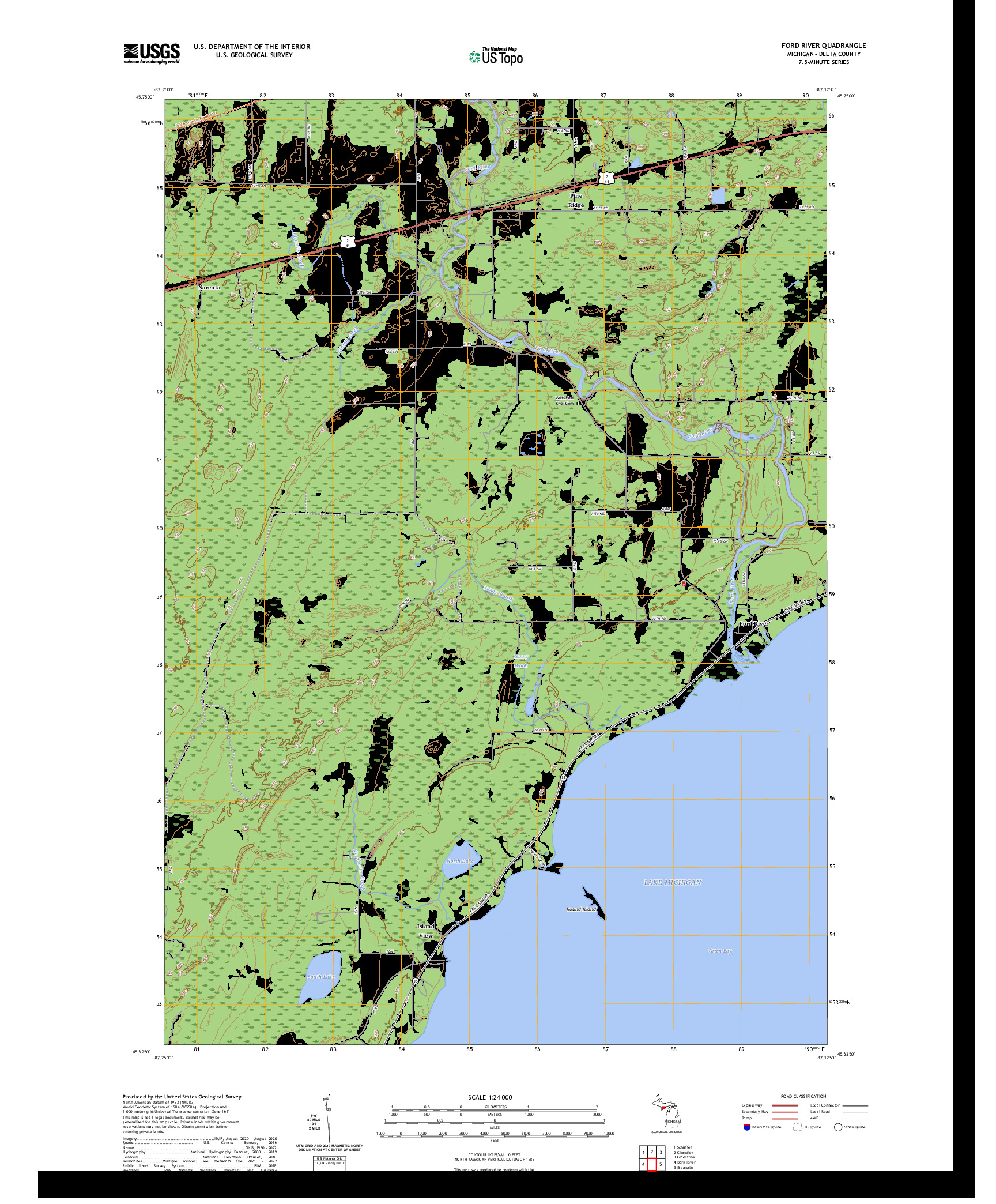 US TOPO 7.5-MINUTE MAP FOR FORD RIVER, MI