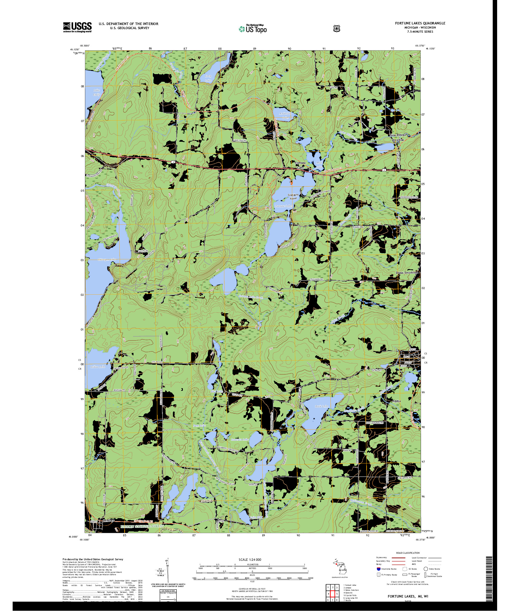 US TOPO 7.5-MINUTE MAP FOR FORTUNE LAKES, MI,WI