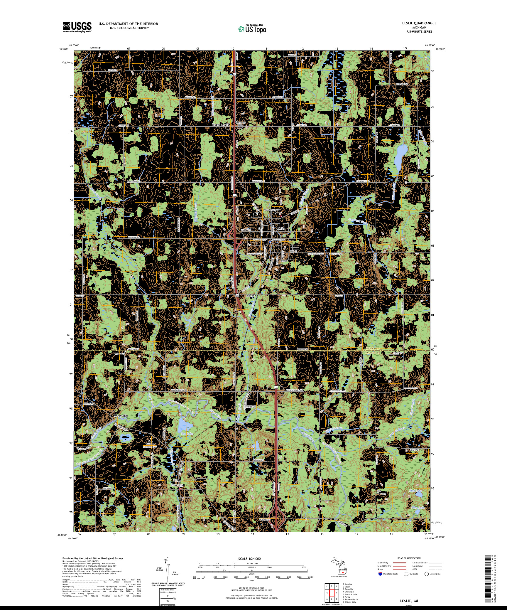 US TOPO 7.5-MINUTE MAP FOR LESLIE, MI