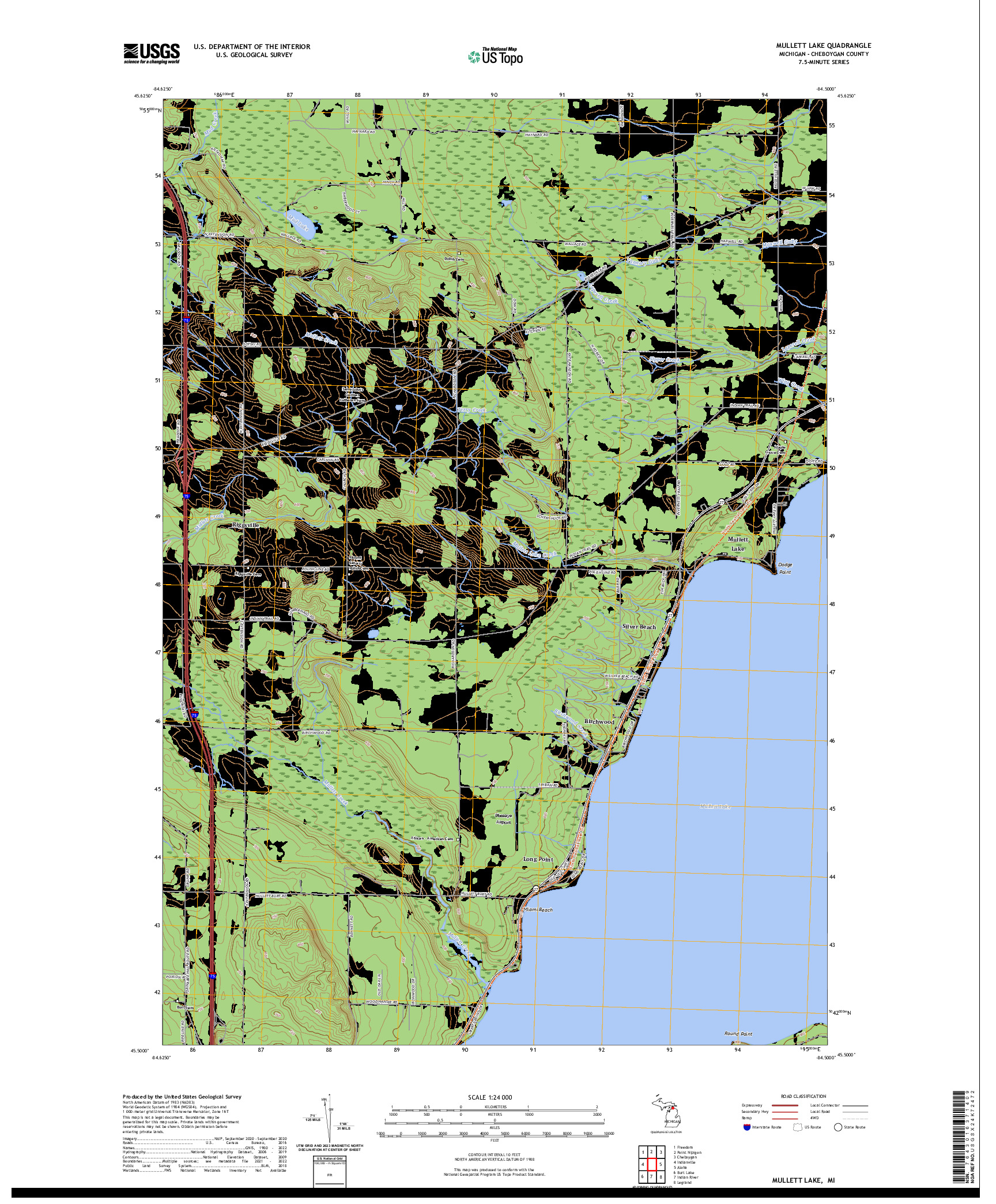 US TOPO 7.5-MINUTE MAP FOR MULLETT LAKE, MI