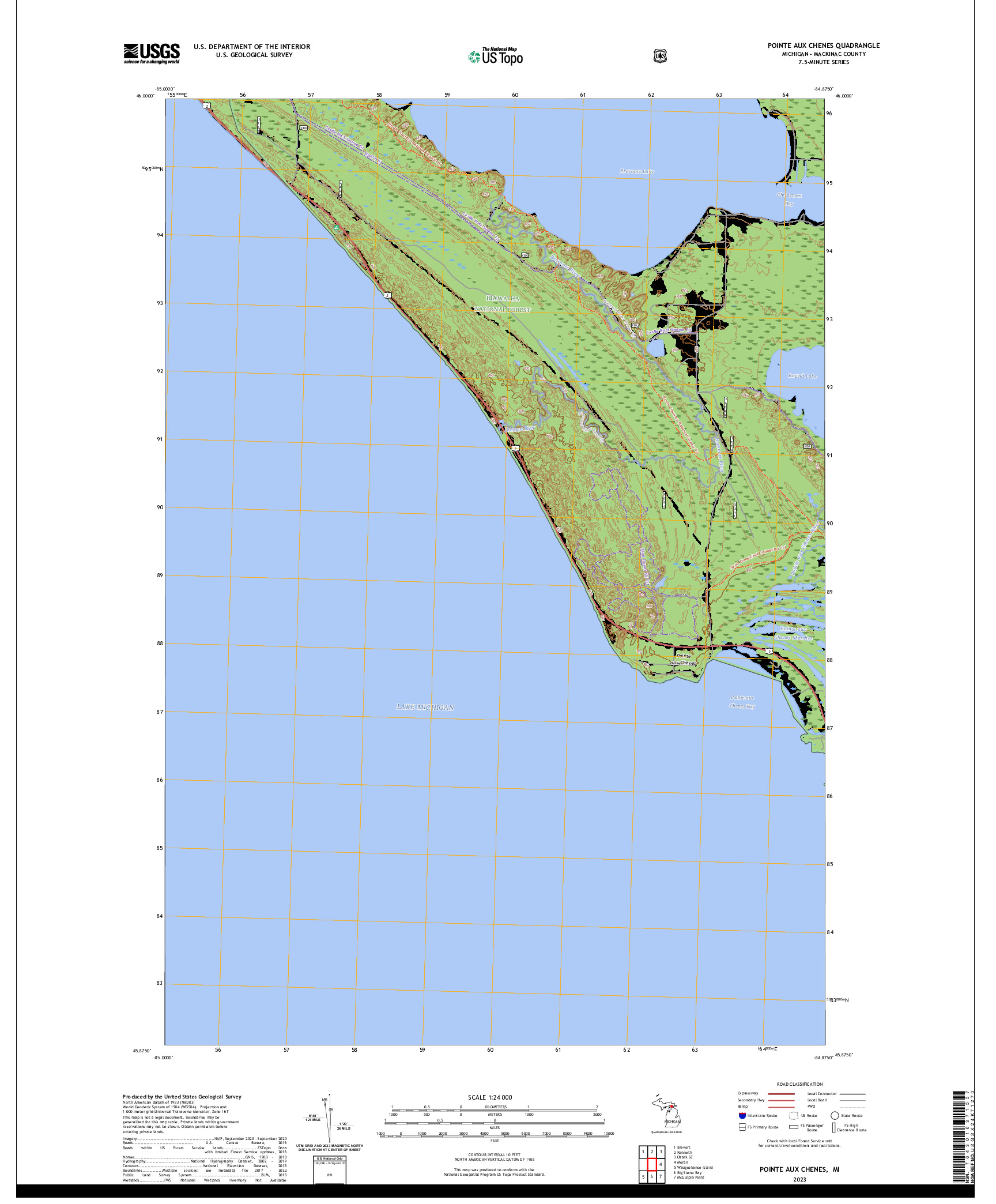 US TOPO 7.5-MINUTE MAP FOR POINTE AUX CHENES, MI