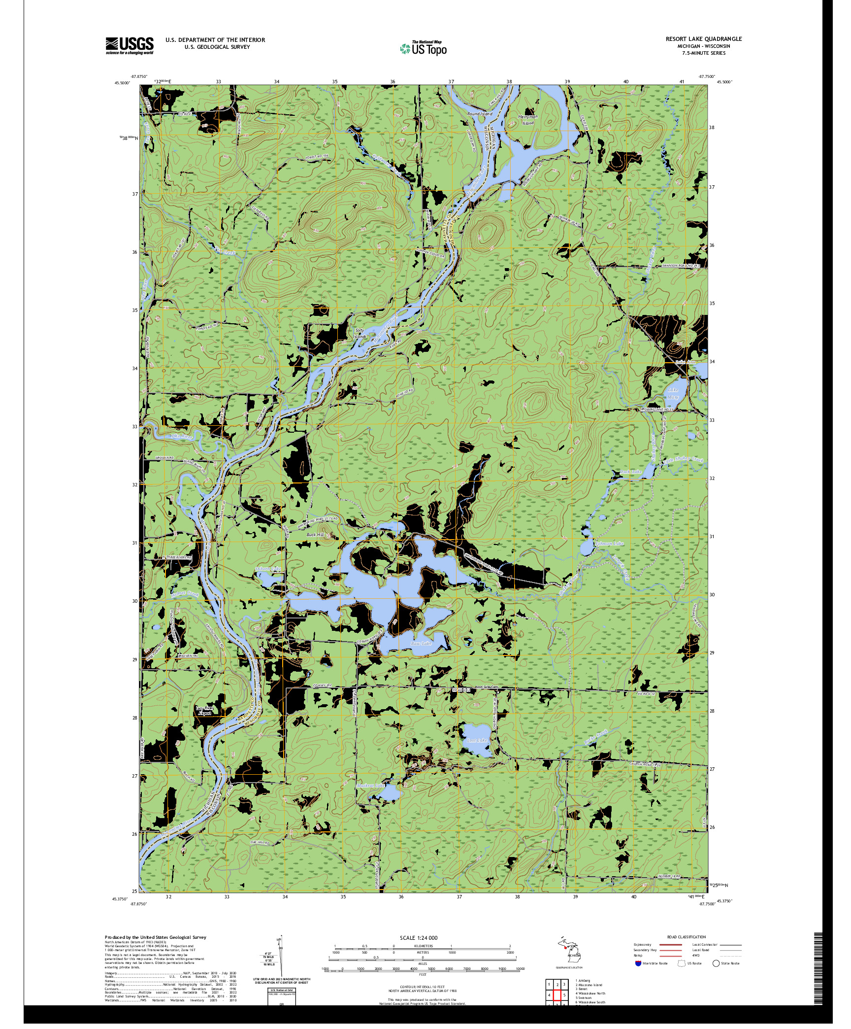 US TOPO 7.5-MINUTE MAP FOR RESORT LAKE, MI,WI