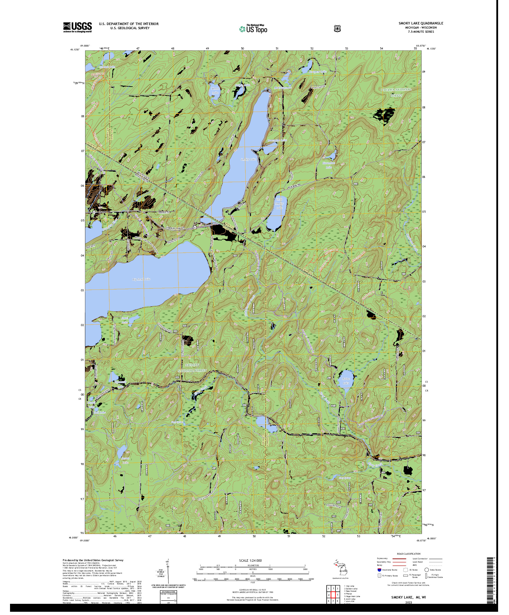 US TOPO 7.5-MINUTE MAP FOR SMOKY LAKE, MI,WI