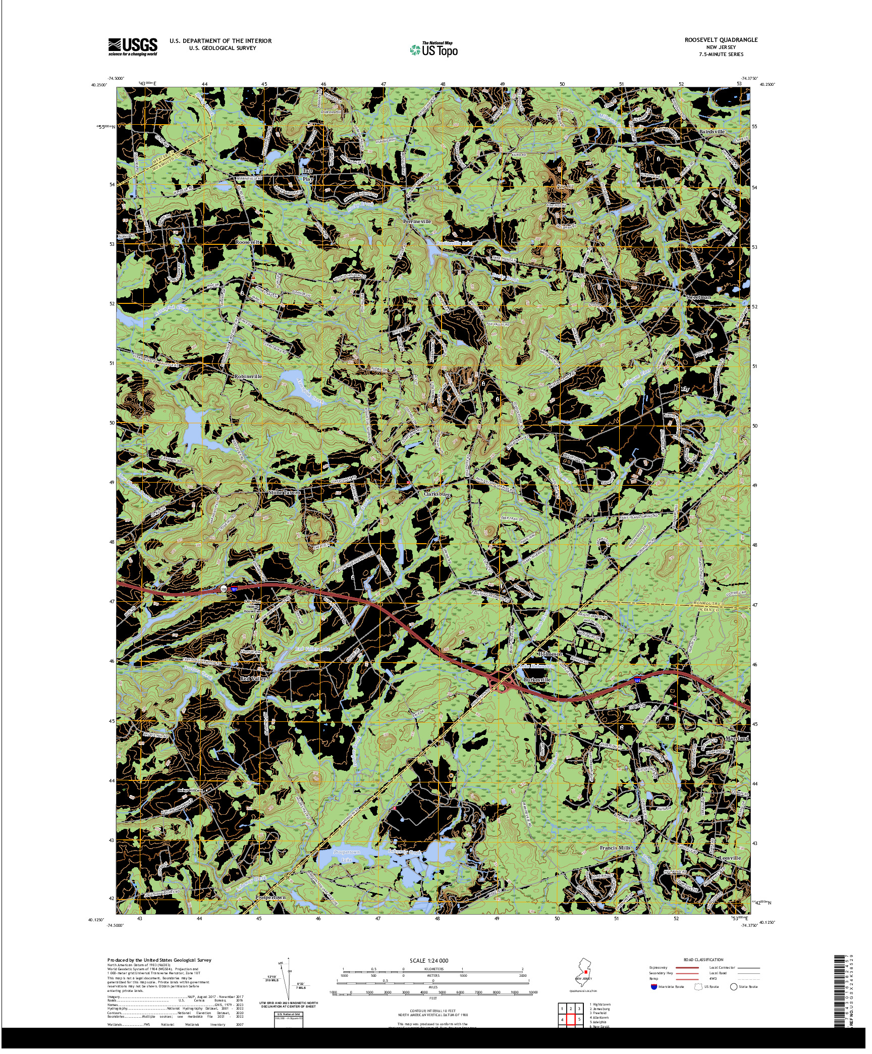 US TOPO 7.5-MINUTE MAP FOR ROOSEVELT, NJ