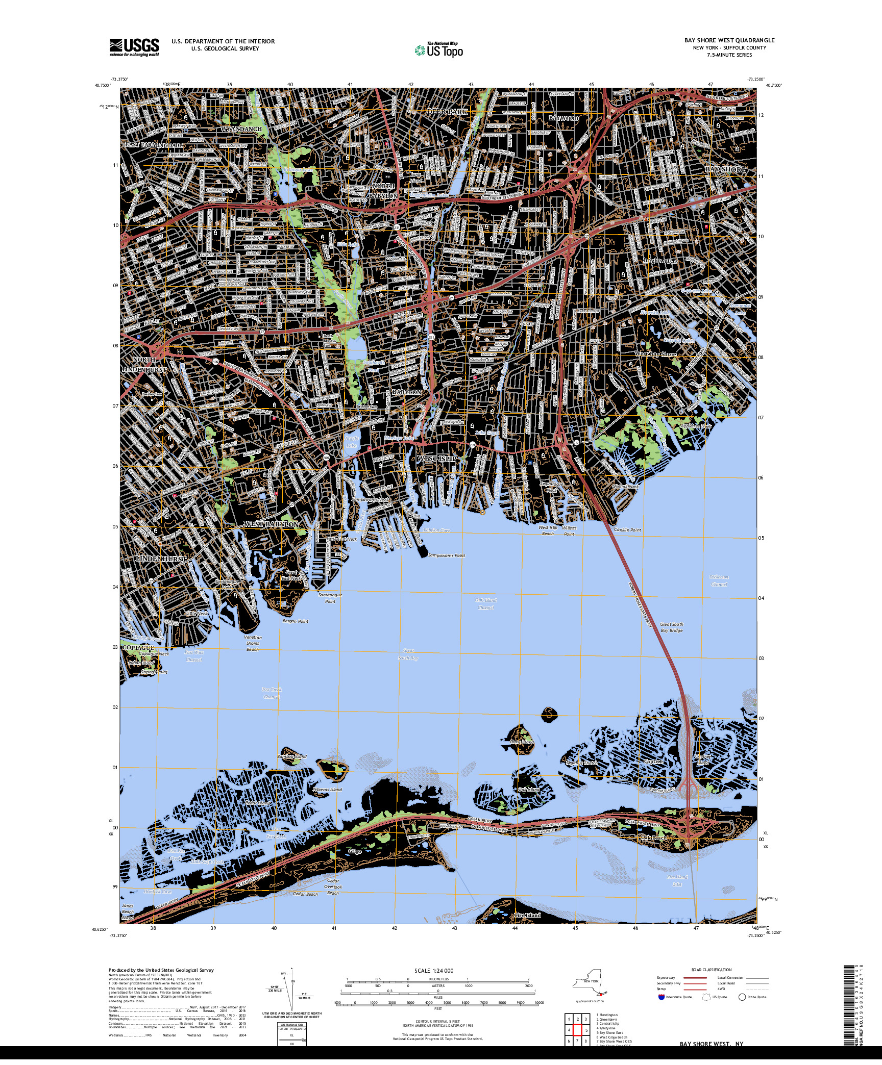 US TOPO 7.5-MINUTE MAP FOR BAY SHORE WEST, NY