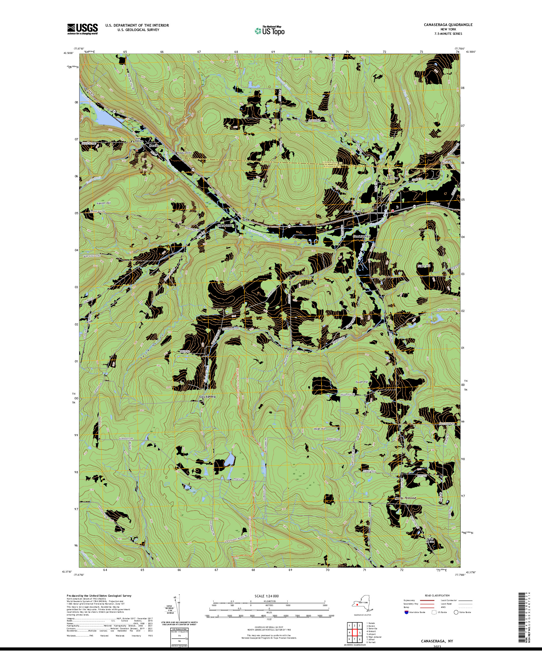 US TOPO 7.5-MINUTE MAP FOR CANASERAGA, NY