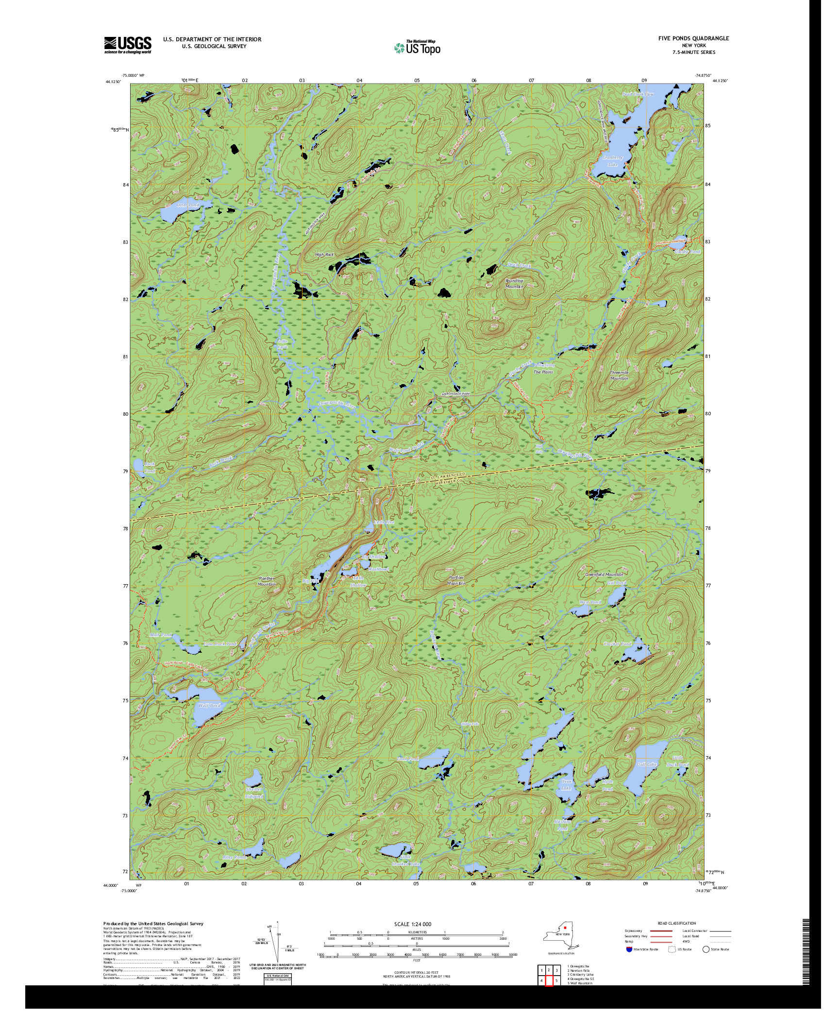 US TOPO 7.5-MINUTE MAP FOR FIVE PONDS, NY